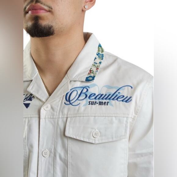 🌴 The Grindhouse‎ Denim Co. Beaulieu Sur-Mer Embroidered Shirt 2XL XXL Men’s - Picture 4 of 16